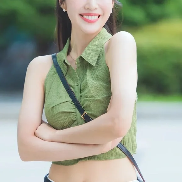 Cider Solid Texture Collar Crop Top in Green - Picture 3 of 8